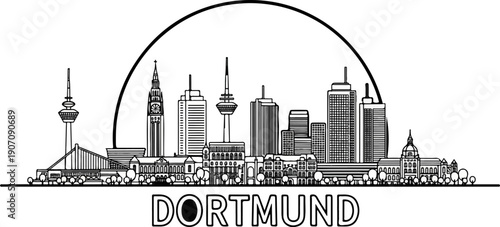 Stylized black and white city skyline under a large arch