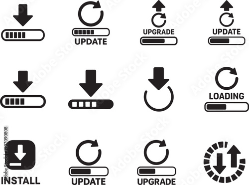 Download, update, and upgrade system bar icon set for apps, software, web design, progress status.