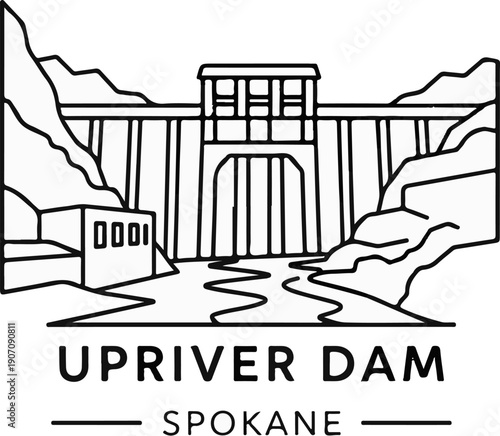 Stylized line drawing of a large dam, river, and surrounding hills