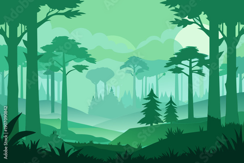 Serene green forest landscape with tall trees and rolling hills