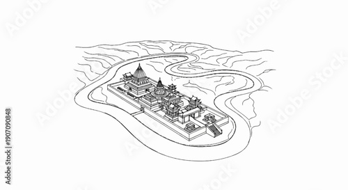 Stylized drawing of a temple complex surrounded by a winding river and hills