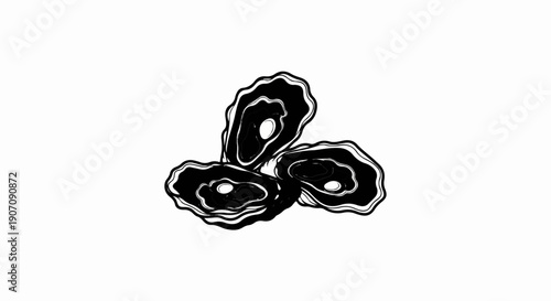 Stylized black and white illustration of three oysters on a plain white background