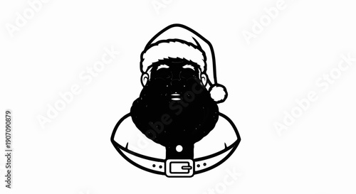 Stylized black and white illustration of Santa Claus with a fluffy hat and beard