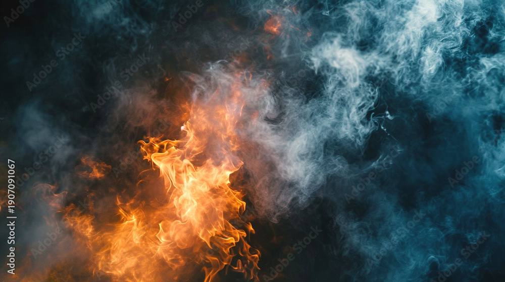 Fototapeta premium Dynamic fire and smoke creating a dramatic contrast