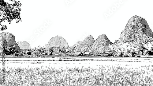 A grayscale landscape featuring mountains, foliage, houses, and a field. Clear skies create a panoramic scene