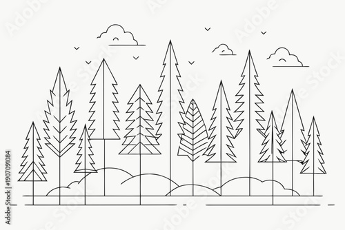 Serene forest landscape with tall trees and rolling hills under cloudy sky