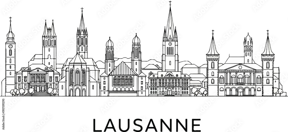 Naklejka premium Stylized black and white line art skyline of a city featuring prominent spires and towers