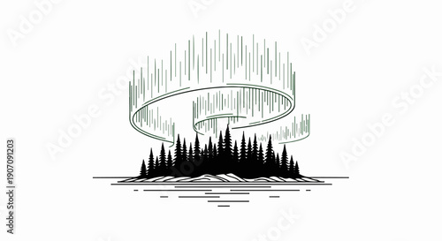 Stylized aurora borealis over a dark evergreen forest on water