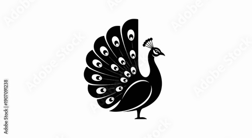 Stylized black peacock with fanned tail feathers and eye markings