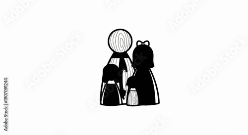 Stylized black and white graphic of three abstract figures