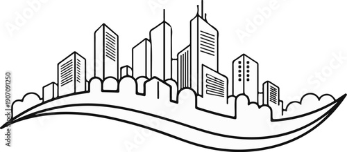 Stylized black and white line art of a modern cityscape