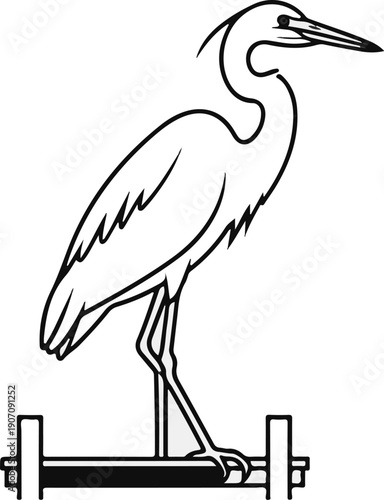 Stylized black and white line art of a heron standing on a wheeled platform
