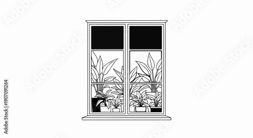 Stylized line drawing of a window filled with potted plants