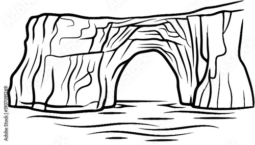 Stylized archway carved into a cliff face, with rippling water below