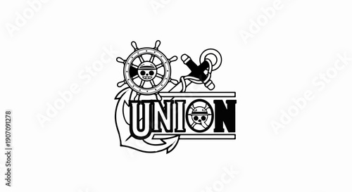 Stylized black and white graphic with nautical elements and text
