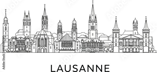 Stylized black and white line art skyline of a city featuring prominent spires and towers