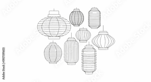 Stylized line drawings of various hanging paper lanterns
