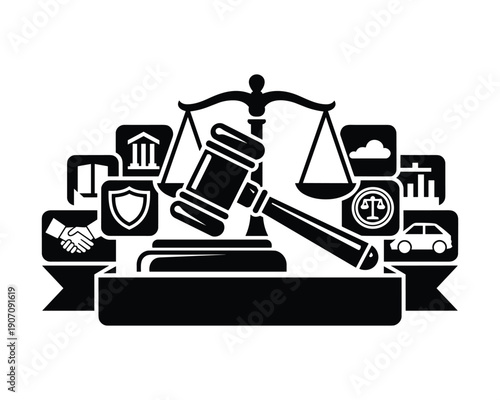 Collection of legal and justice icons representing various aspects of law and business affairs