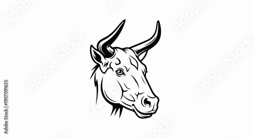Stylized black and white illustration of a bull's head with sharp horns
