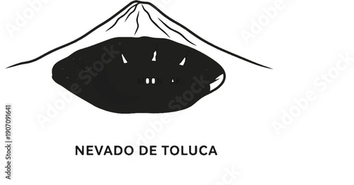 Stylized depiction of a volcanic mountain and its crater lake
