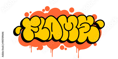 Flame graffiti throw up bubble letter design. Yellow and red street art lettering with dripping paint effect for urban apparel and streetwear branding. High quality vector.