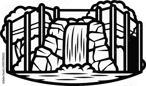 Stylized black and white illustration of a cascading waterfall between rock formations and trees