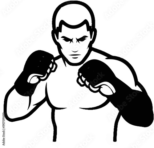 Stylized black and white illustration of a determined fighter in a ready stance