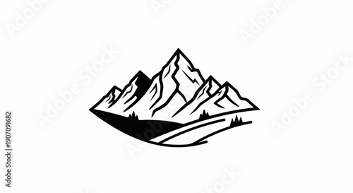 Stylized black and white mountain range with rolling hills