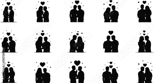 Black silhouettes of couples and same-sex pairs with hearts and stars on white background