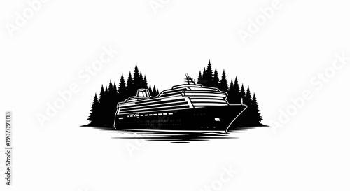 Stylized cruise ship sailing past a dense line of pine trees