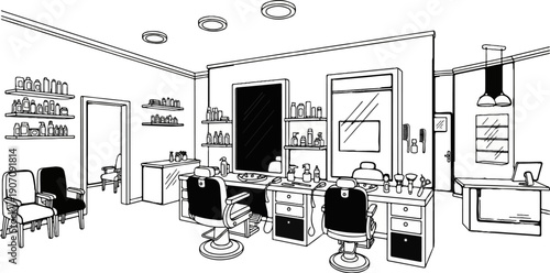 Stylist's waiting area and workstations with mirrors, chairs, and supplies