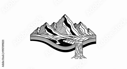 Stylized cross-section of mountains with a river cascading as a waterfall