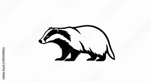 Stylized black and white outline illustration of a badger