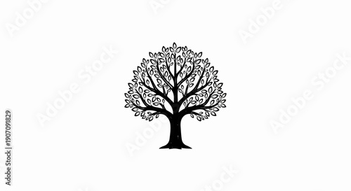 Stylized black and white illustration of a flourishing tree with many leaves