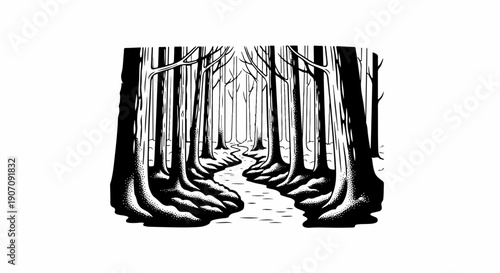 Stylized black and white illustration of a forest stream winding through dense trees