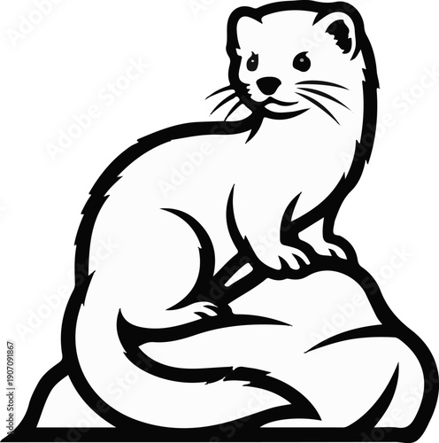 Stylized black and white outline illustration of a weasel perched on a rock
