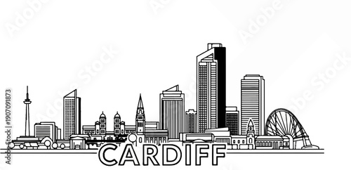 Stylized black and white outline of a city skyline with large buildings and a Ferris wheel