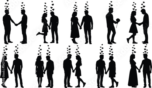 Black silhouettes of couples holding hands with hearts above their heads