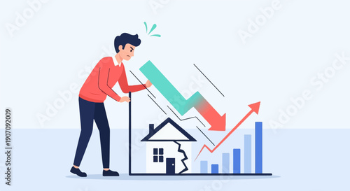 Stressed person sees house crash, market decline, and rebound