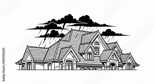 Stormy weather approaching a detailed, multi-gabled house with dark clouds
