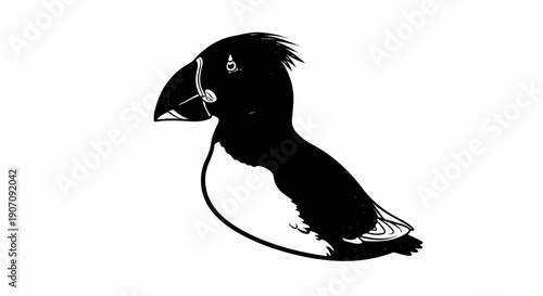 Stylized black and white illustration of a puffin with a large, distinctive beak