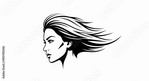 Stylized black and white profile of a woman with flowing hair