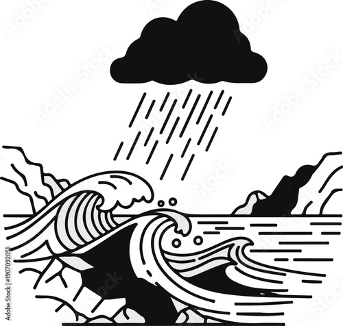 Stormy ocean waves crashing against rocky shores under a dark rain cloud