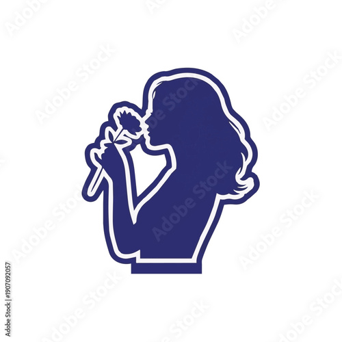 Elegant Profile Silhouette of a Woman with Flowing Hair Gently Smelling a Delicate Flower, Created in a Stylized Graphic Art Illustration