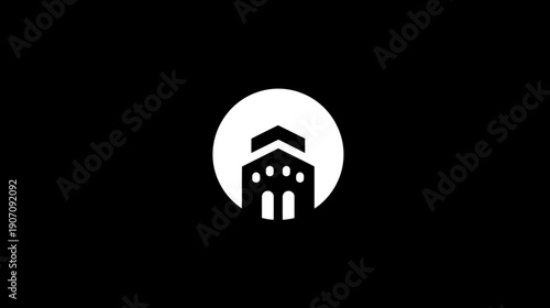 A minimalist, geometric illustration of a building inside a circle, set against a black backdrop