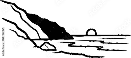 Stylized black and white illustration of a river delta meeting the sea with a sunset