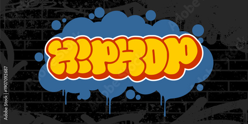 Hip Hop graffiti tag on dark brick wall background. Vibrant orange and blue bubble letters street art for music events and urban culture. High quality vector illustration.