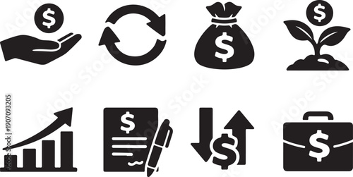 Comprehensive Finance and Business Vector Icons Set: Growth, Investment, Transaction, Savings, Contract, and Market Volatility Glyphs for Websites, Apps, and Presentations.