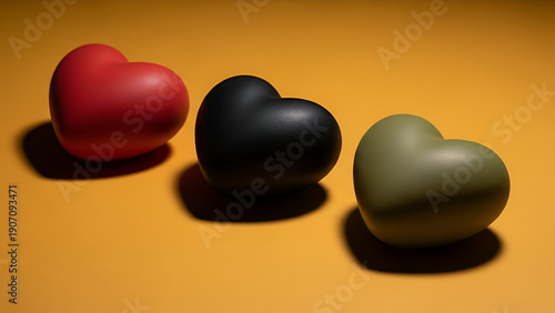 Three heart shaped objects in different colors on a yellow background