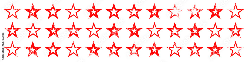 Obraz premium Red vintage stars with cracks and stains. Old hand-drawn sign, black simple shape. Retro design element with distressed effect, grunge texture. Vector illustration